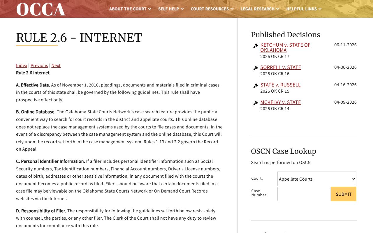 Latimer County court docket access limits under OCCA Rule 2.6