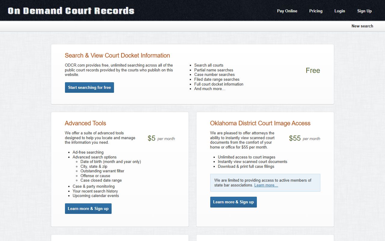Latimer County court docket search tools on the ODCR pricing page