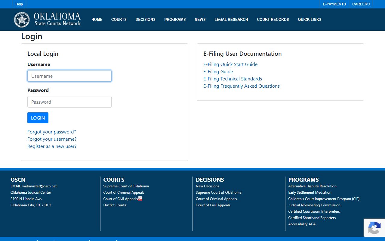 Latimer County court docket entries originate in the Oklahoma courts e-filing portal