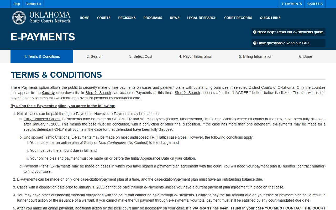 Latimer County court docket payment terms on the Oklahoma courts e-payments page