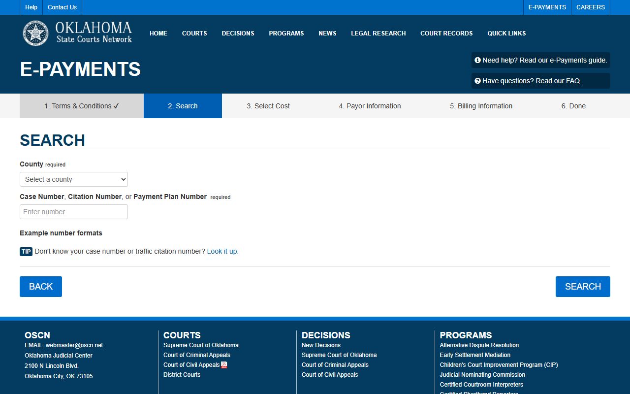 Latimer County court docket balances paid on the OSCN e-payment search page