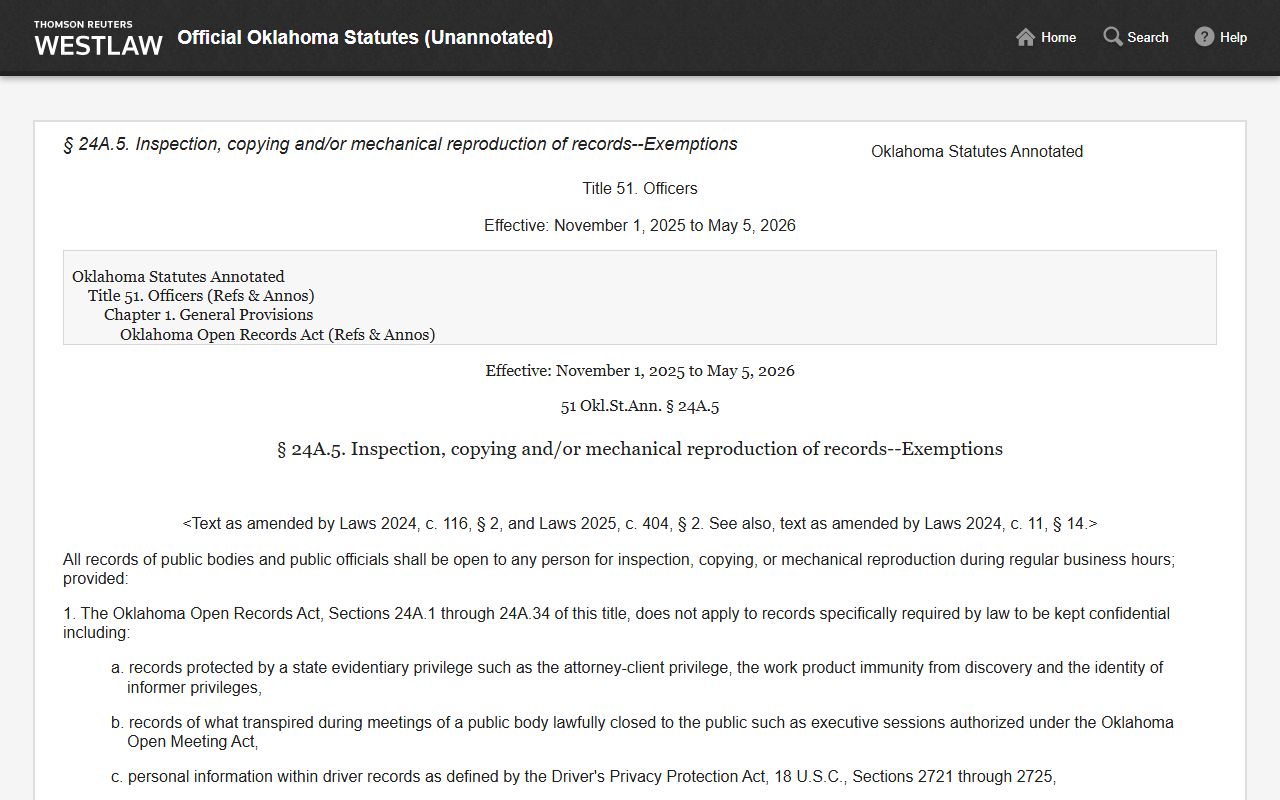 Oklahoma Statutes 51 O.S. Section 24A.5 page on inspecting Latimer County court records