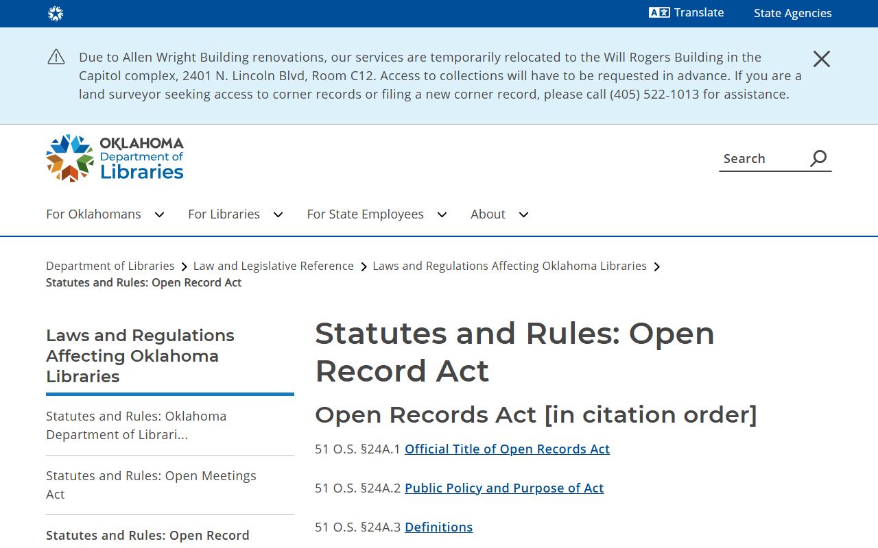 Oklahoma Open Records Act section list governing Latimer County court records access