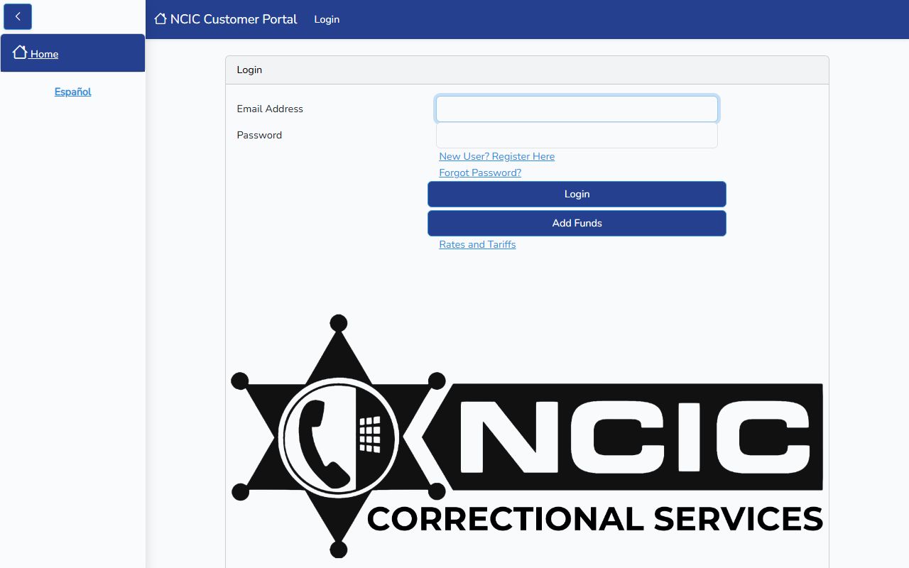 NCIC account login page for Latimer County jail inmate calls