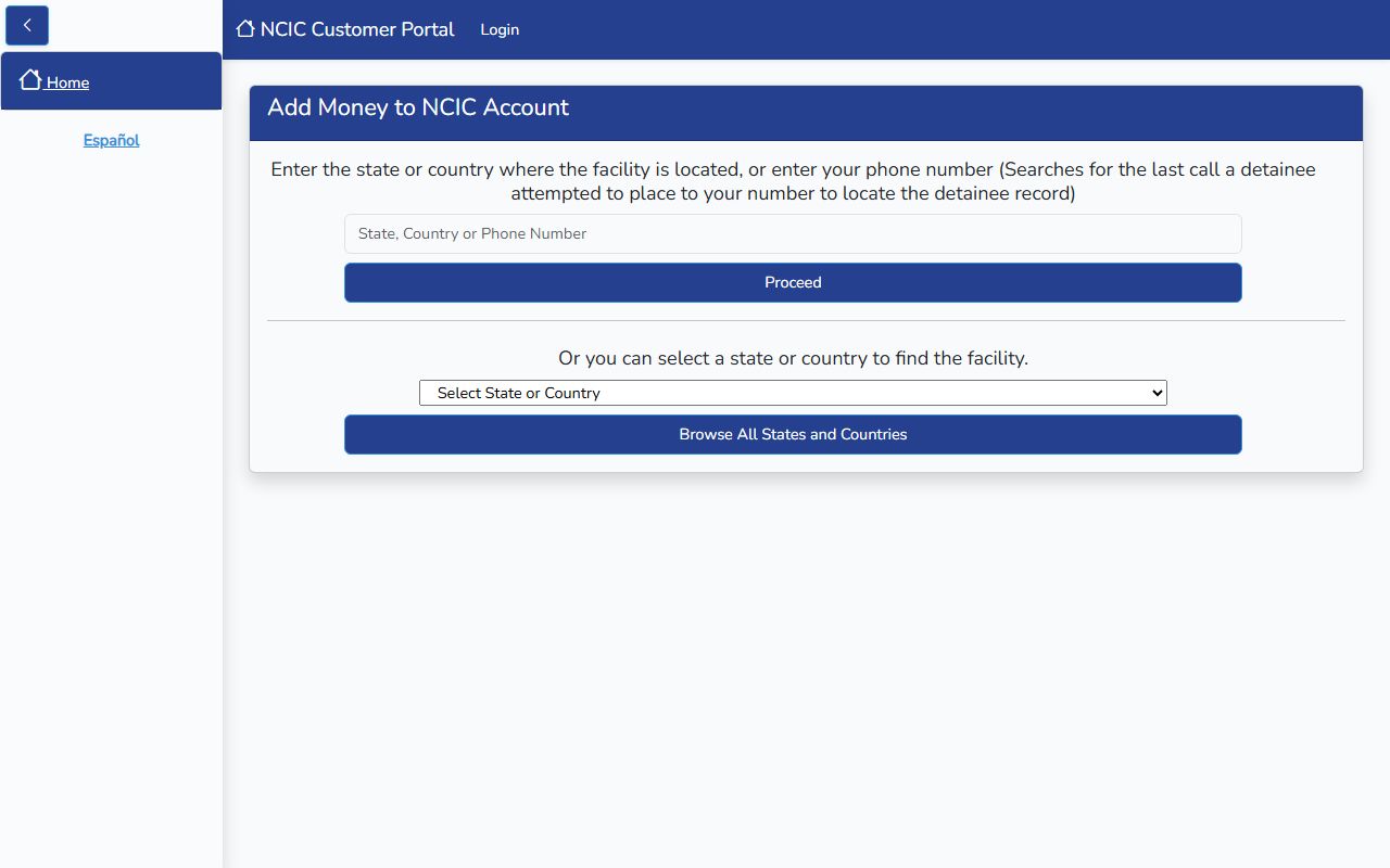 NCIC add funds page for Latimer County inmate phone accounts