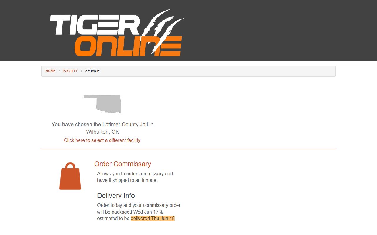 Tiger Commissary order page for the Latimer County jail in Wilburton