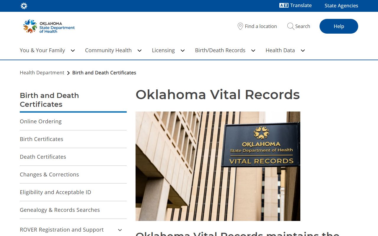 Latimer County marriage and divorce records pointer on the OSDH birth and death certificate page