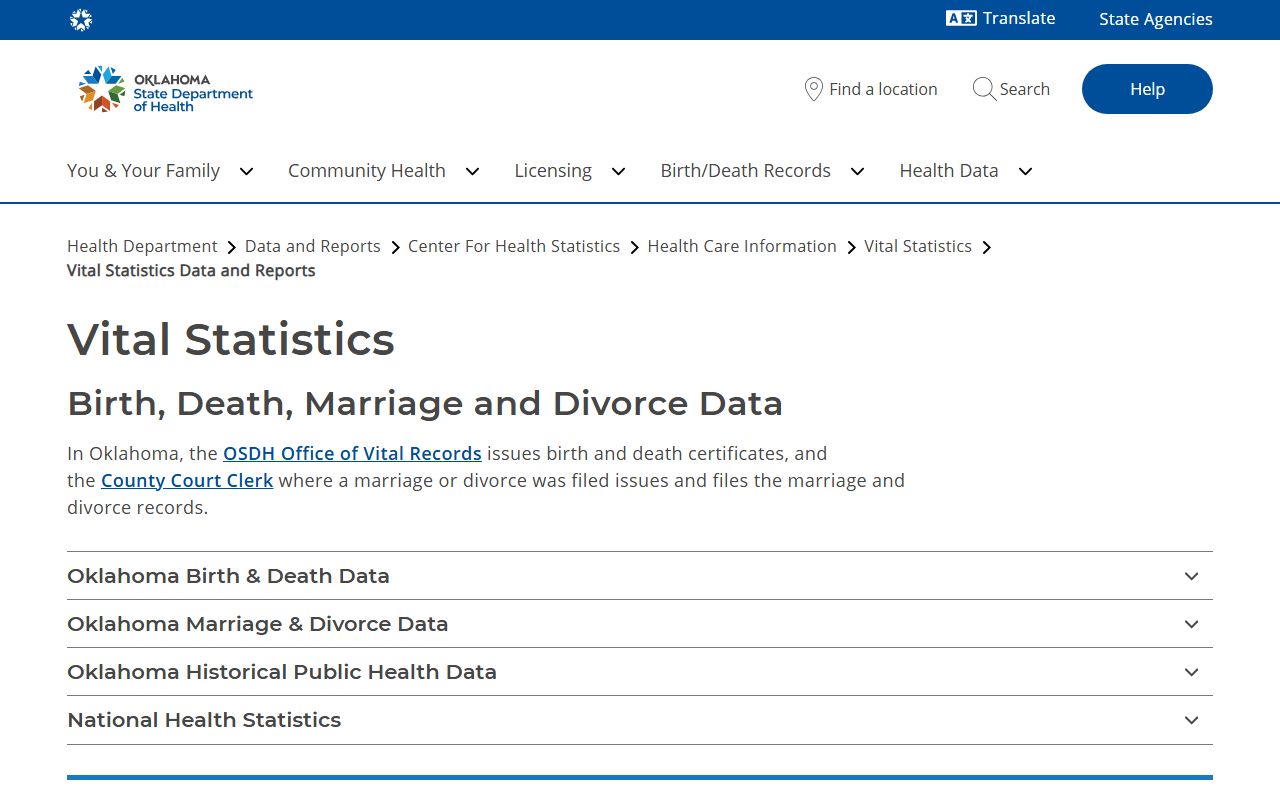 Latimer County marriage and divorce records guidance on the OSDH vital statistics page