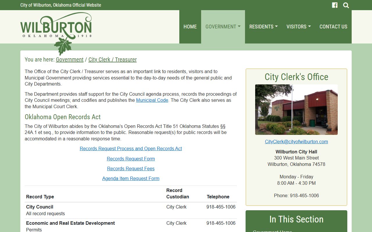Wilburton City Clerk page for Latimer County warrant records requests